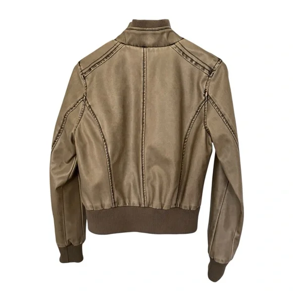 Blue Spice Womens Size Large Faux Leather Bomber Coat Jacket Full Zip Brown Tan - Picture 3 of 14